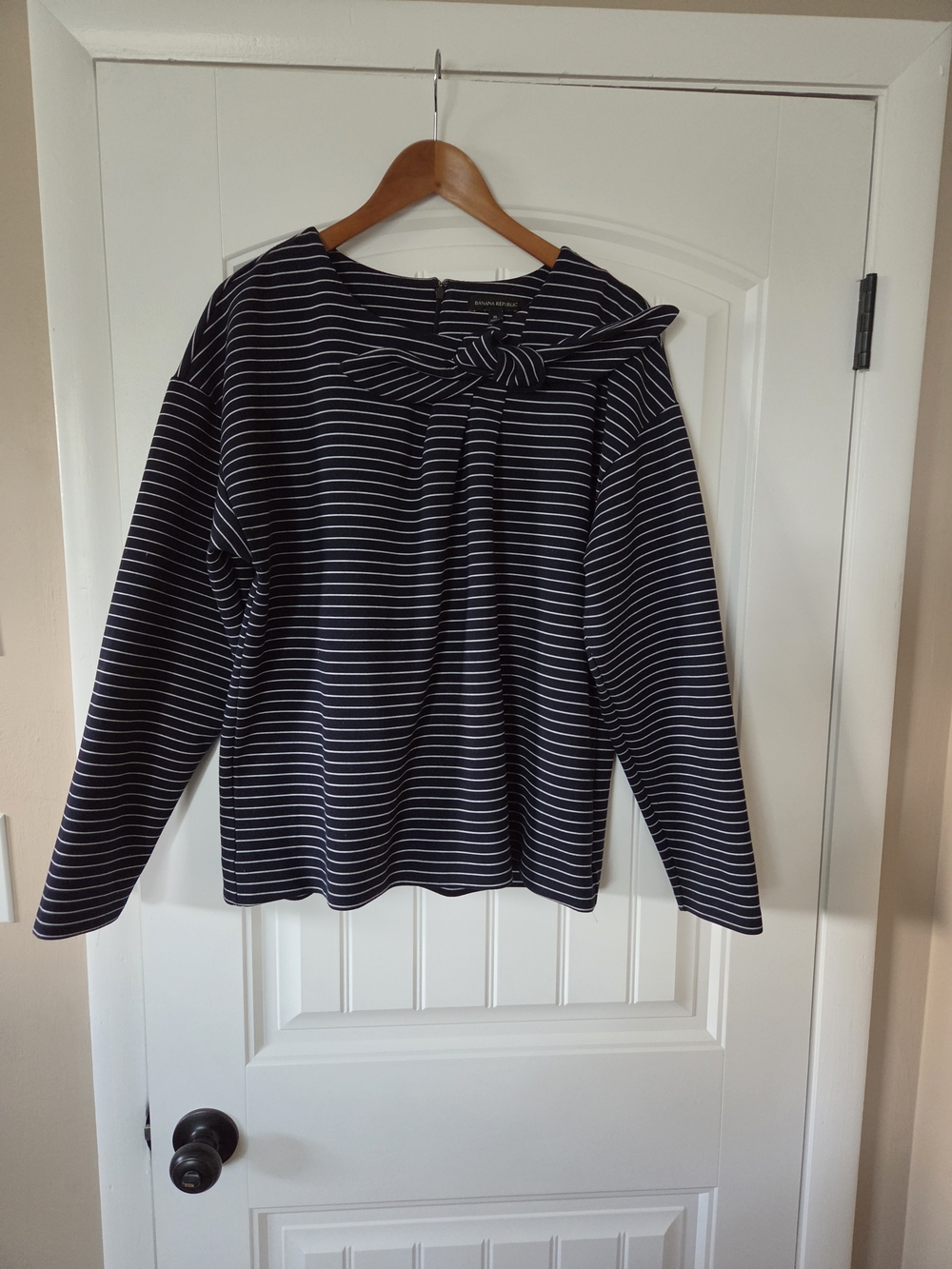 Banana Republic Navy and White Striped Bow-Front Long Sleeve Top
